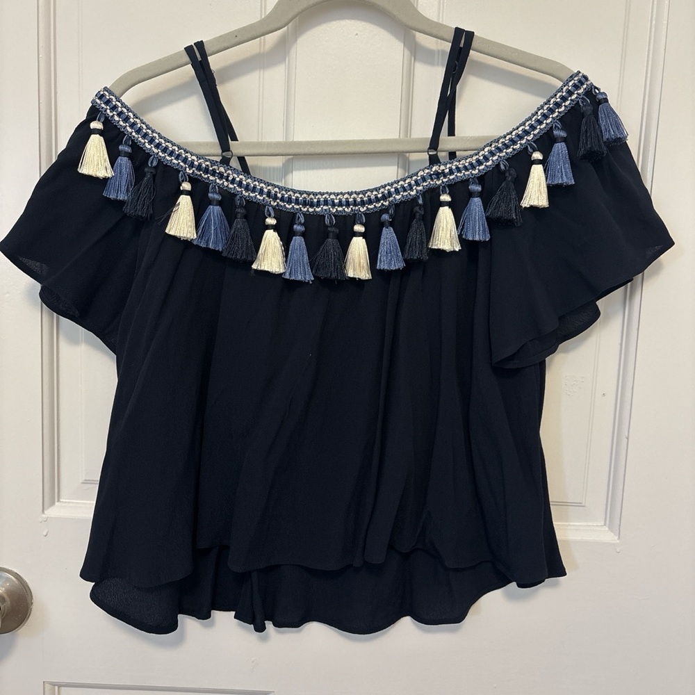 Tularosa Black Off-Shoulder Tassel Trim Crop Top